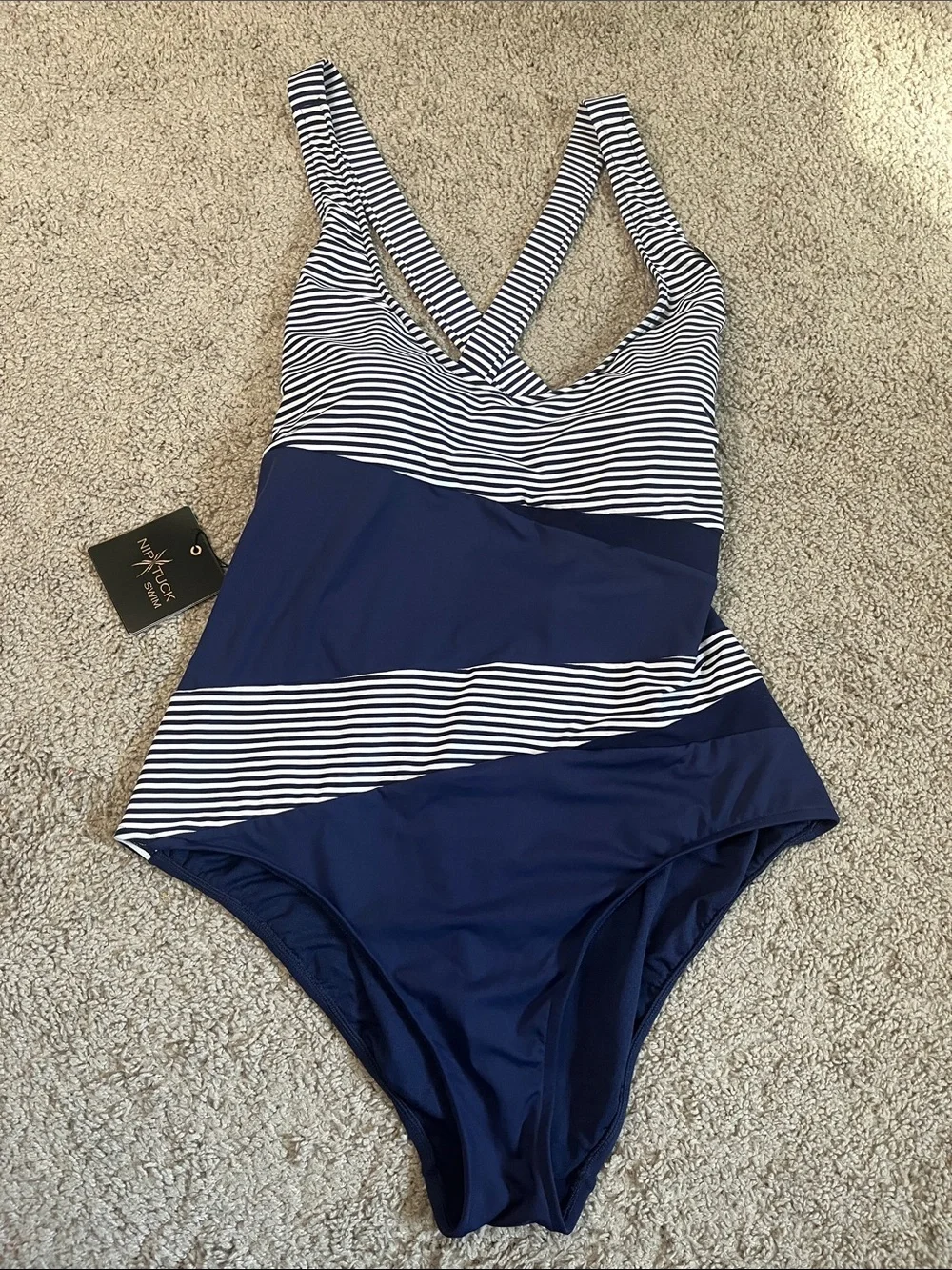 Striped Navy Blue One-Piece Swimsuit with Crossback Straps